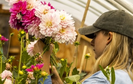a person holding flowers in a hoophouse