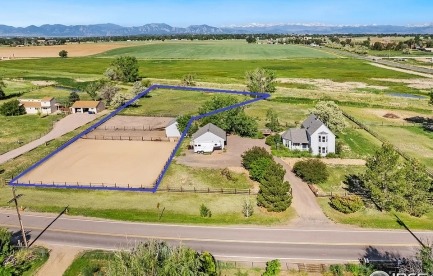 Aerial view of the property, rented area in highlighted in blue