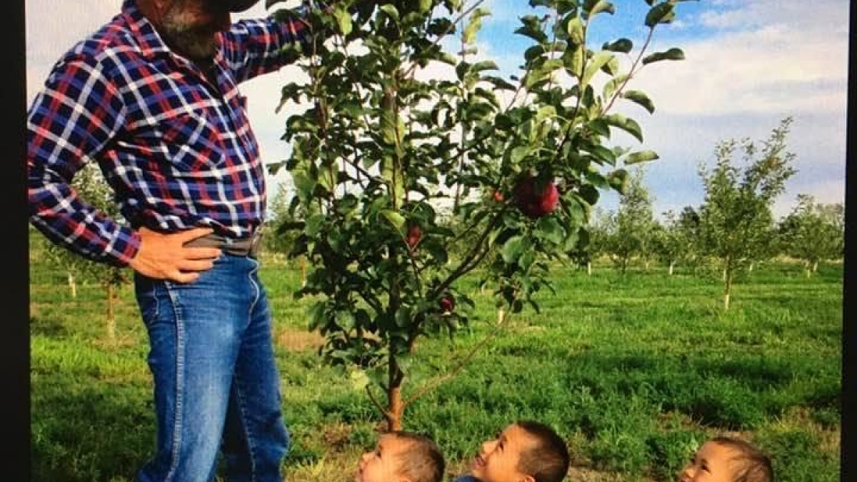 Orchardist with young pickers