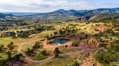 Arial view of several pasture areas that will be fenced for grazing.  The pond area is for picnics and gatherings.
