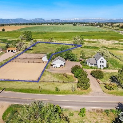 Aerial view of the property, rented area in highlighted in blue